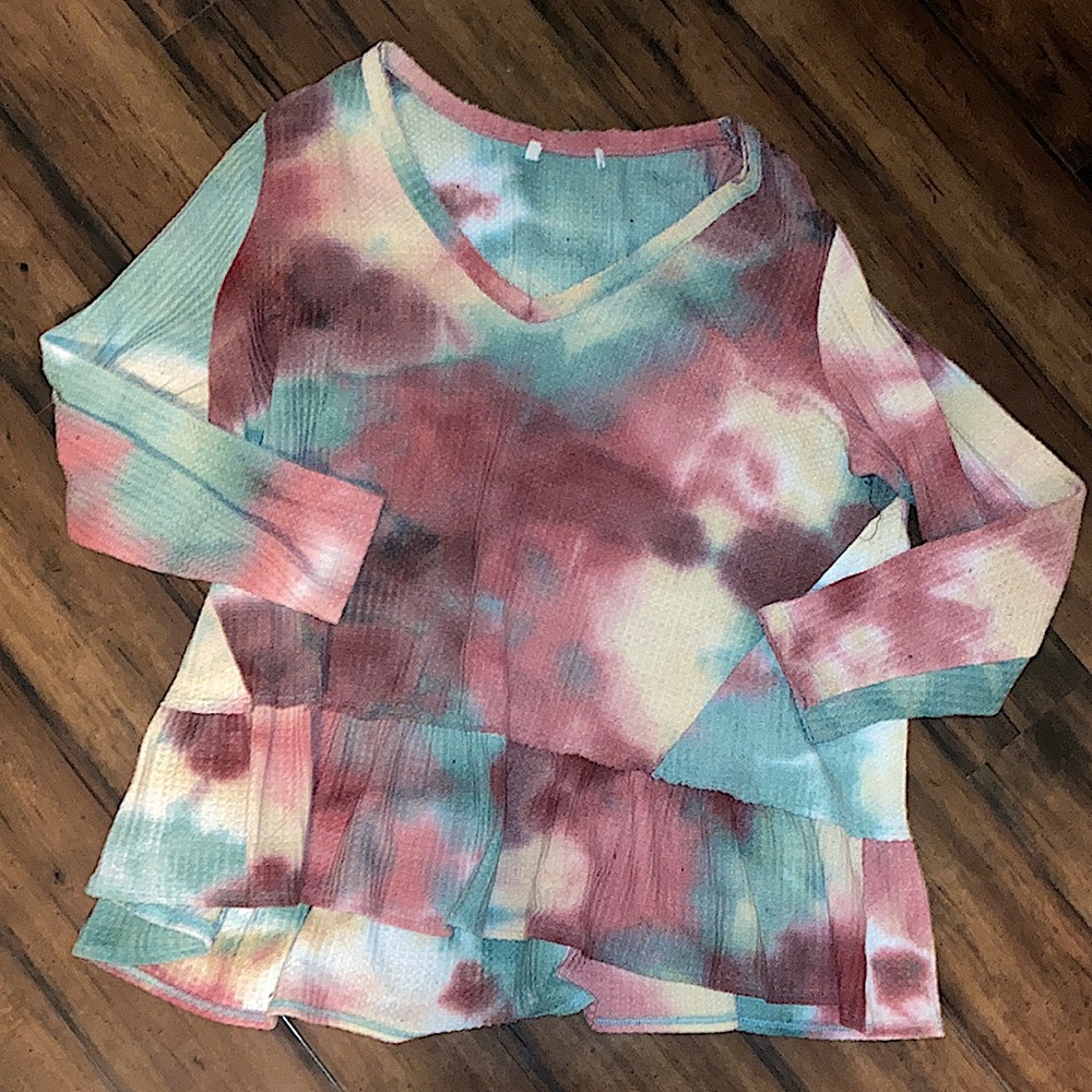 Unbranded Boho Tie Dye Waffle Knit Thermal Babydoll Swing Blouse Size Large
